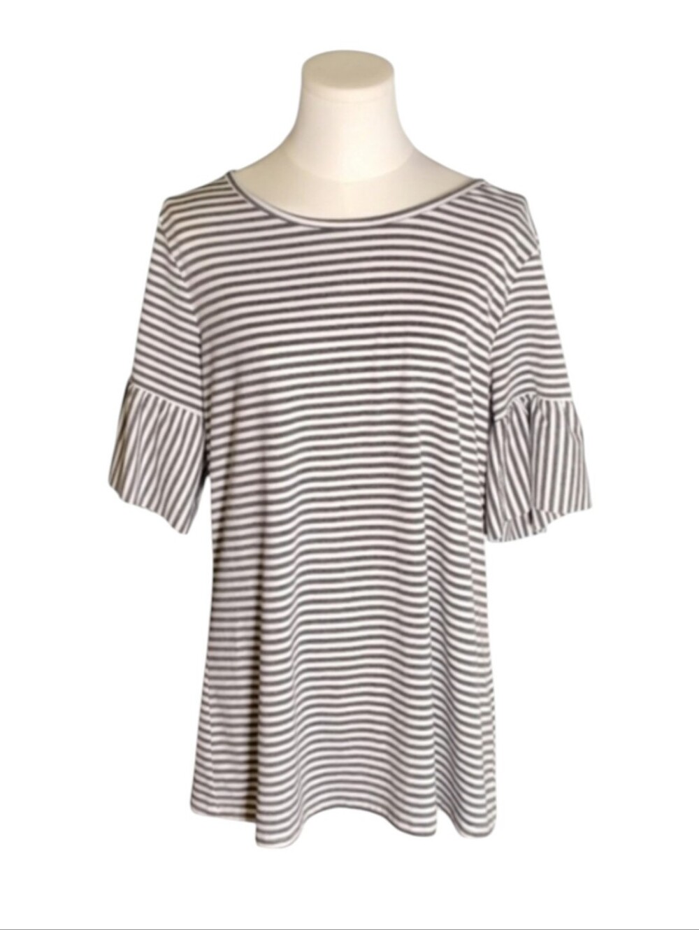 Tickled Teal Soft Gray and White Pin Striped Tee With Flare Sleeves Size Medium